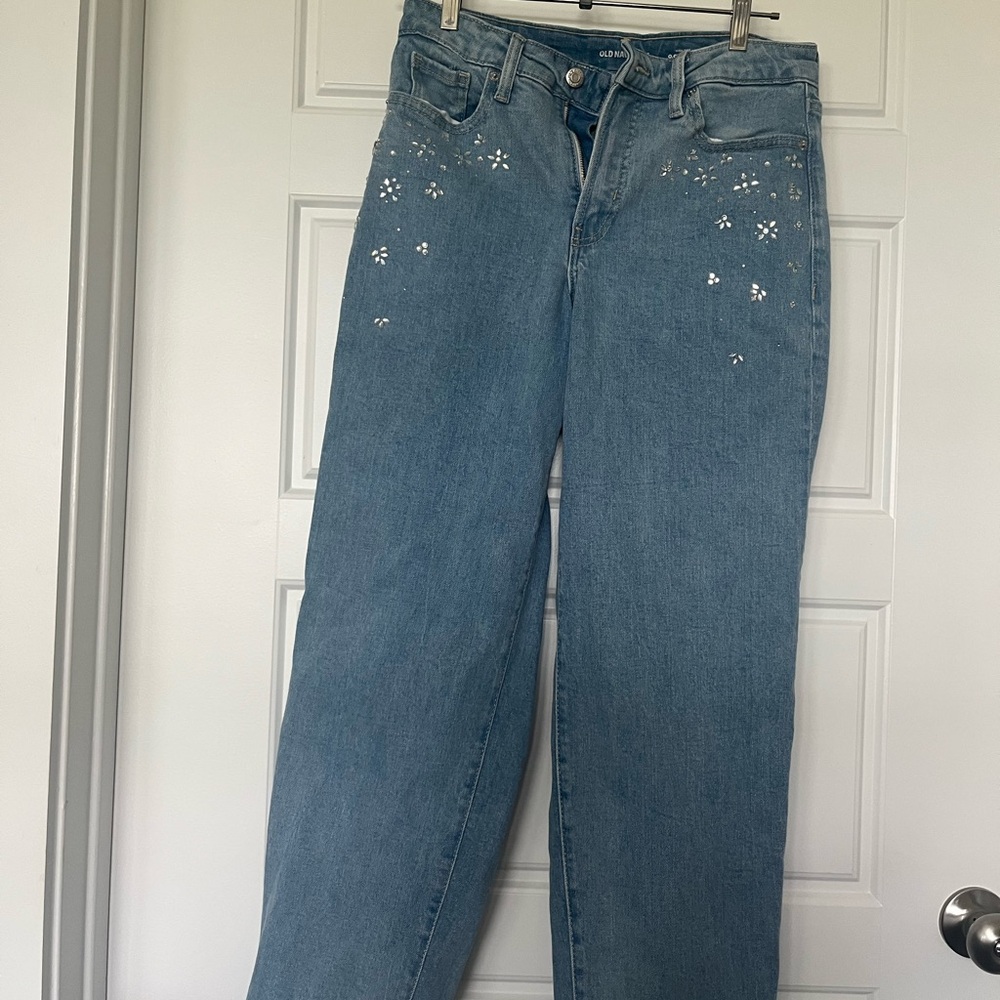 Old Navy Light Blue Straight Leg Jeans with Floral Detail